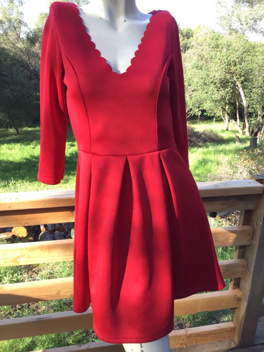 Red Y2K era Scallop V-Neck Fit & Flare Dress - Picture 1 of 8